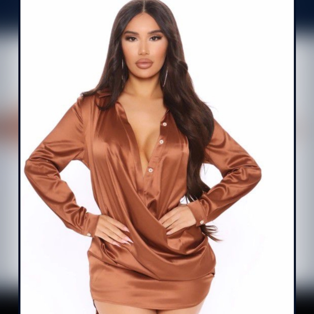 Satin Caramel shirt dress.